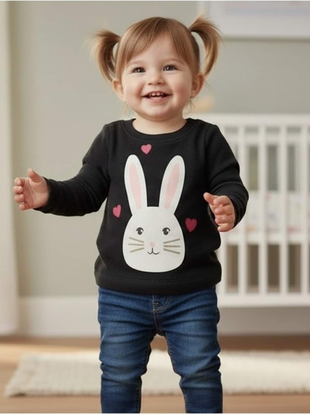 Carter's Black Sweatshirt with White Bunny and Pink Hearts